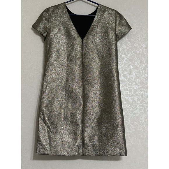 Madewell NWT Short Sleeve Metallic Gold Shimmer Lined Shift Mini Dress 0‎ - Picture 2 of 5